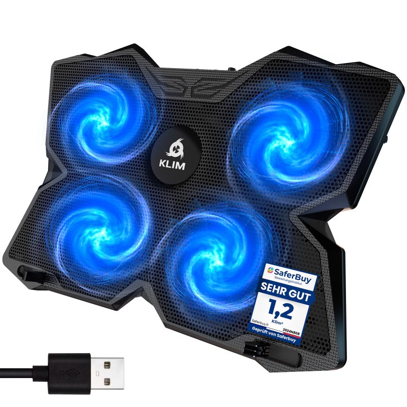 KLIM Wind Laptop Cooling Pad - More Than 500 000 Units Sold - New Version - The Most Powerful Rapid Action Cooling Fan - Laptop Stand with 4 Cooling Fans at 1200 RPM - USB Fan - PS5 PS4 - Blue - Image 1